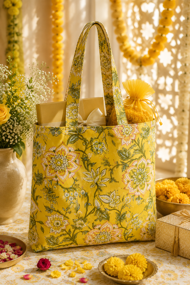 Hand block-printed Haldi tote and Mehendi potli bag, in yellow floral and pink floral prints.