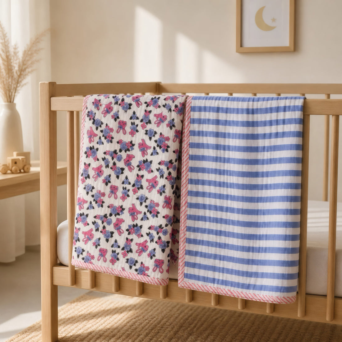 A hand block printed cotton muslin swaddle set folded on a plain ground