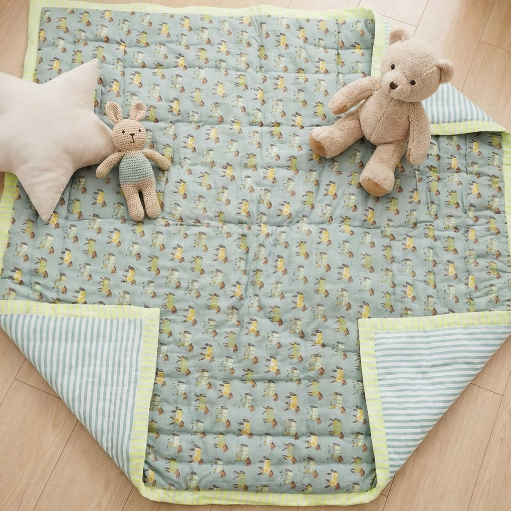 Pony Trail print hand block-printed reversible cotton voile kids quilt (razai) – lifestyle - play mat