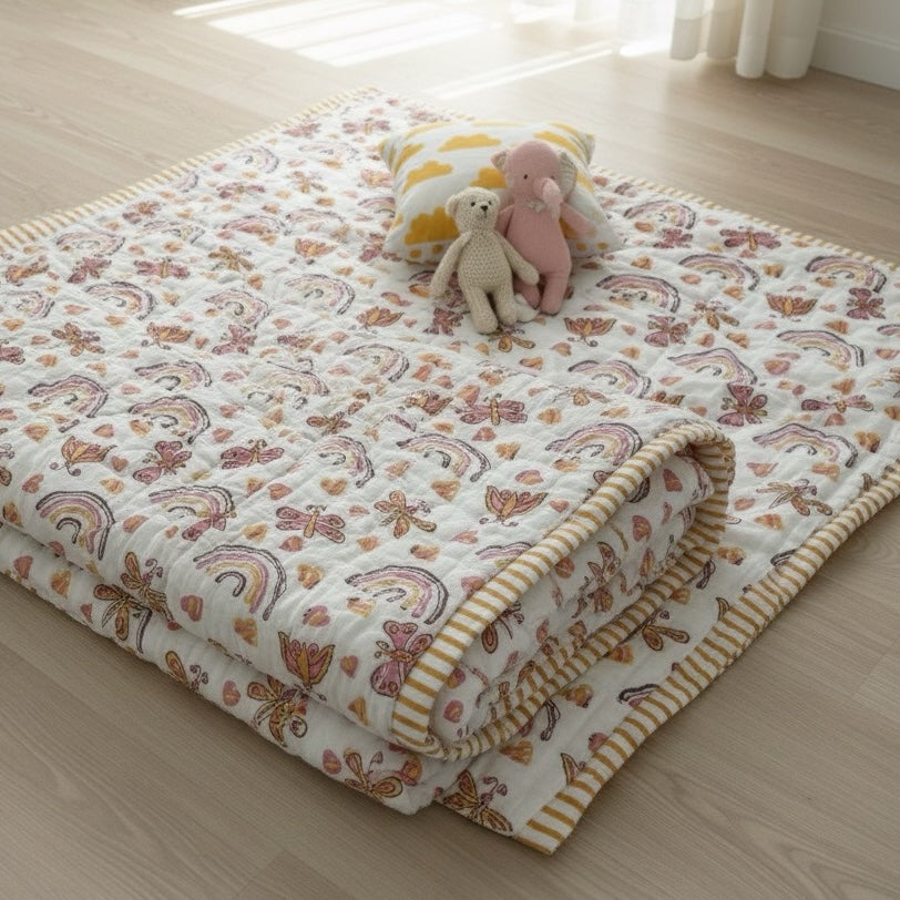 Rainbow Meadow print hand block-printed reversible cotton voile kids quilt (razai) – hero/folded