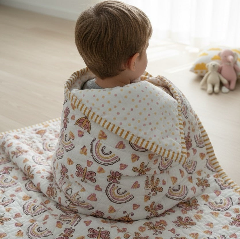 Rainbow Meadow print hand block-printed reversible cotton voile kids quilt (razai) – lifestyle - play mat