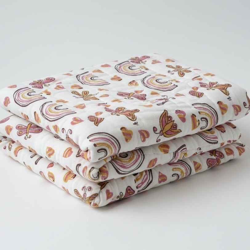Rainbow Meadow print hand block-printed reversible cotton voile kids quilt (razai) – additional lifestyle