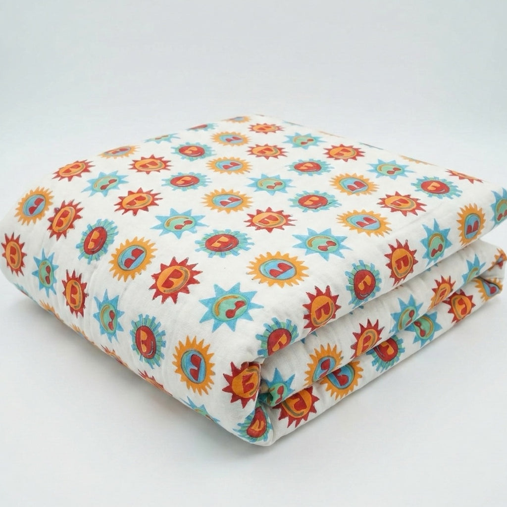 Sunshine print hand block-printed reversible cotton voile kids quilt (razai) – additional detail