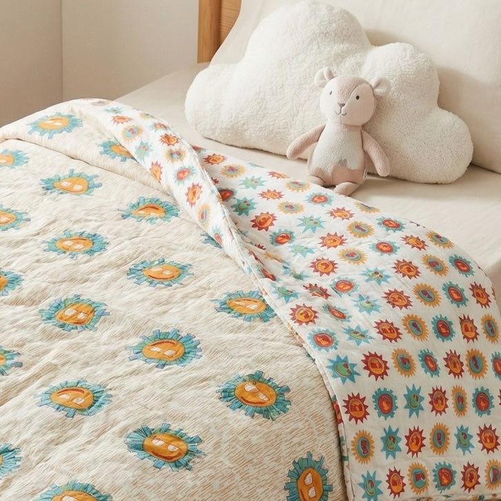 Sunshine print hand block-printed reversible cotton voile kids quilt (razai) – additional angle