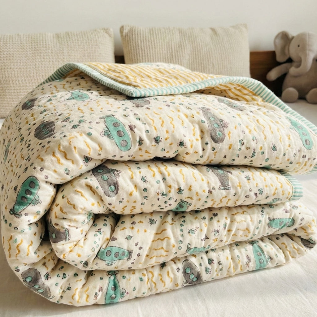 Submarine print hand block-printed reversible cotton voile kids quilt (razai) – lifestyle - play mat