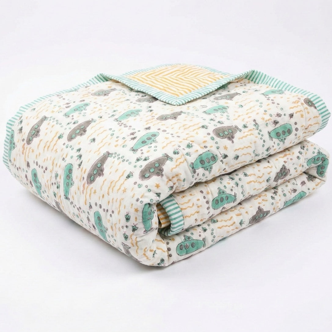 Submarine print hand block-printed reversible cotton voile kids quilt (razai) – print detail close-up