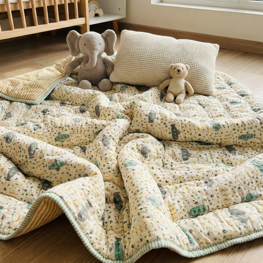 Submarine print hand block-printed reversible cotton voile kids quilt (razai) – additional lifestyle