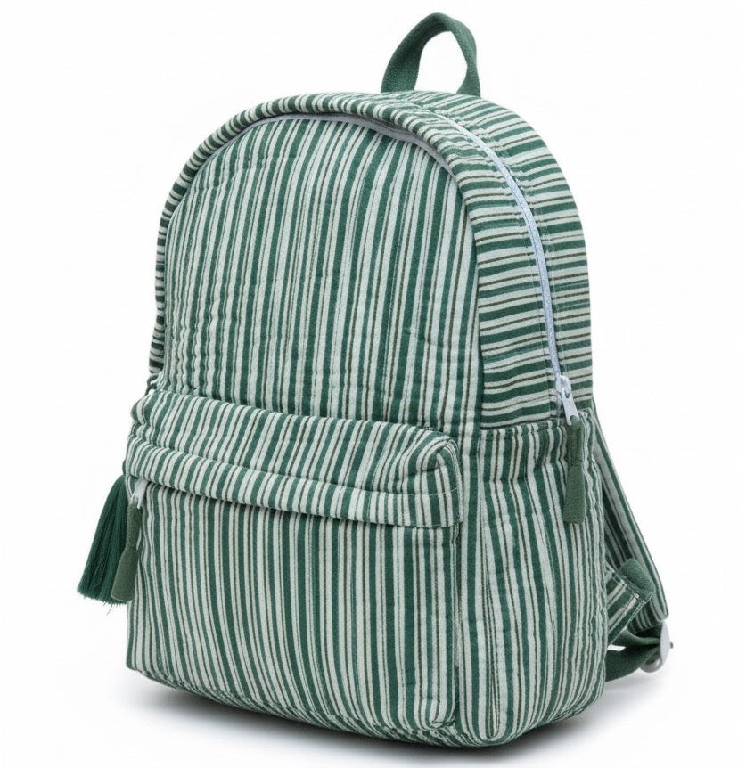 Green Stripe print hand block-printed cotton kids backpack – flat front, studio
