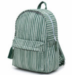 Green Stripe print hand block-printed cotton kids backpack – flat front, studio