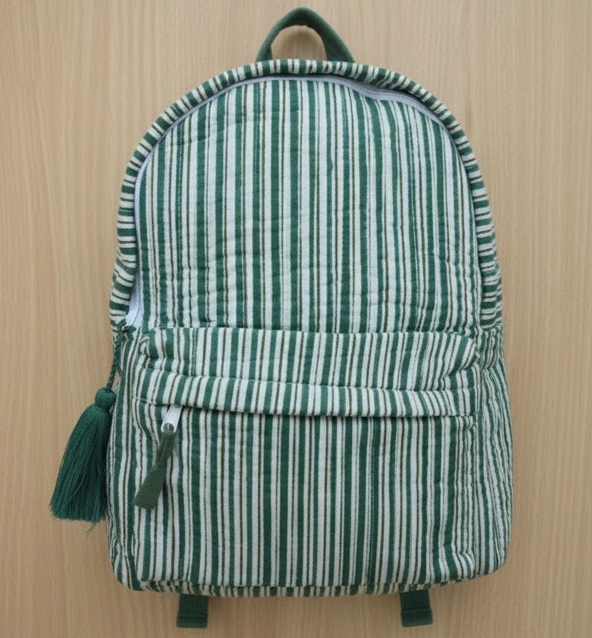 Green Stripe print hand block-printed cotton kids backpack – additional detail