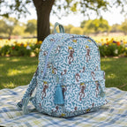 Monkey print hand block-printed cotton kids backpack – 3/4 studio angle