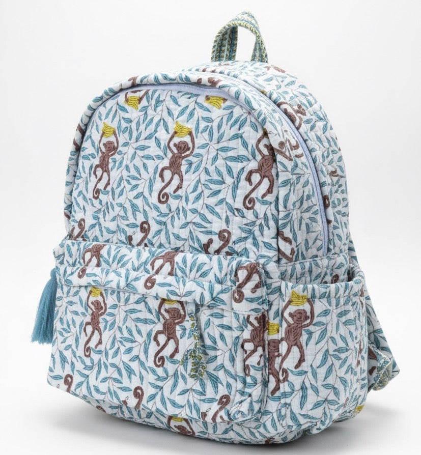 Monkey print hand block-printed cotton kids backpack – flat front, studio
