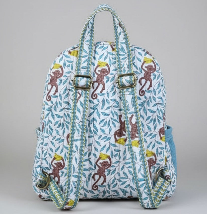 Monkey print hand block-printed cotton kids backpack – additional angle
