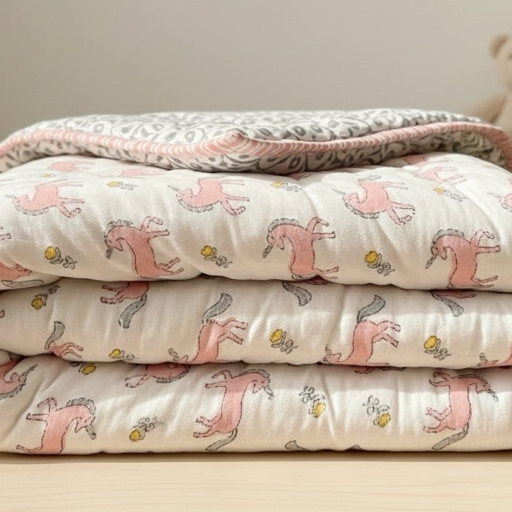Blush Pony print hand block-printed reversible cotton voile kids quilt (razai) – reverse side