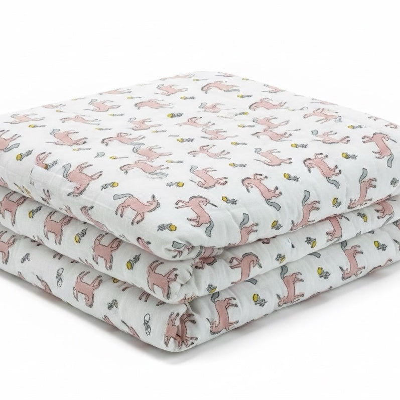 Blush Pony print hand block-printed reversible cotton voile kids quilt (razai) – additional detail