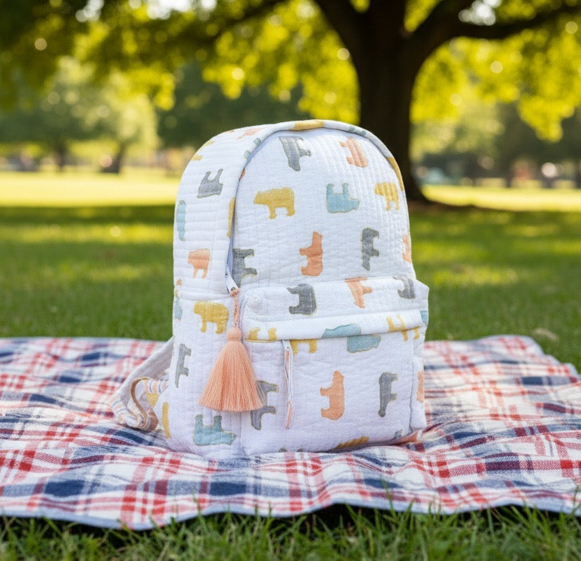 Pastel Bear print hand block-printed cotton kids backpack – 3/4 studio angle