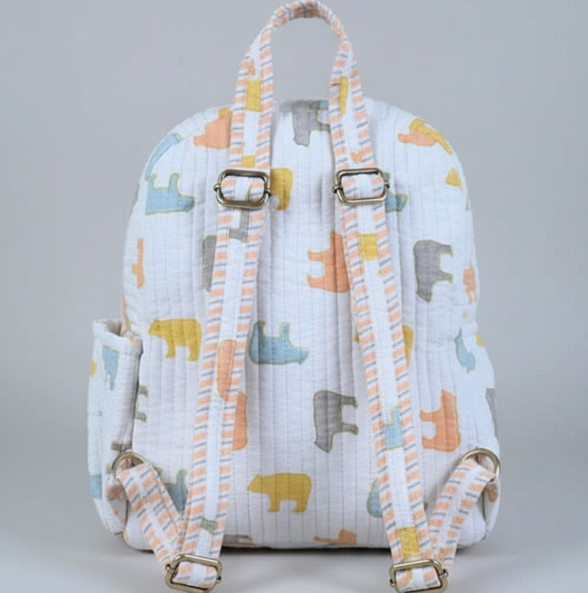 Pastel Bear print hand block-printed cotton kids backpack – additional angle