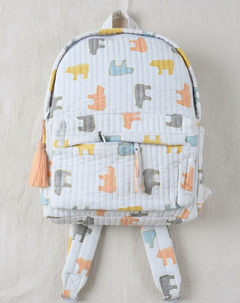 Pastel Bear print hand block-printed cotton kids backpack – additional detail