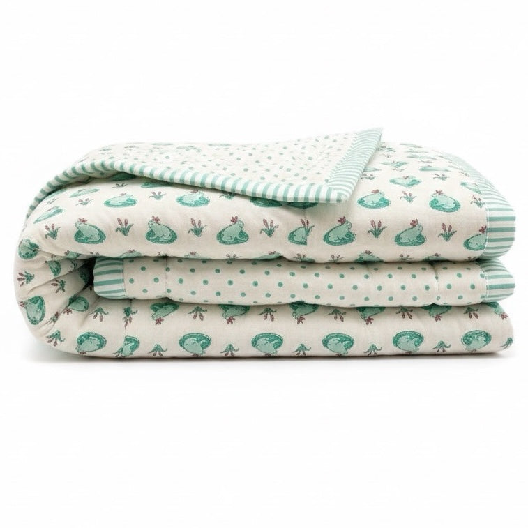 Frog Pond print hand block-printed reversible cotton voile kids quilt (razai) – reverse side