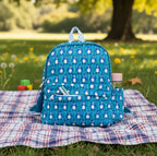 Penguin print hand block-printed cotton kids backpack – 3/4 studio angle