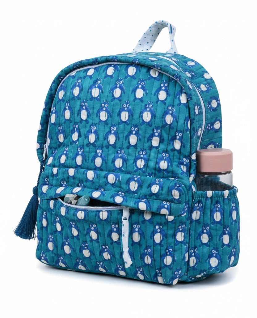 Penguin print hand block-printed cotton kids backpack – additional angle