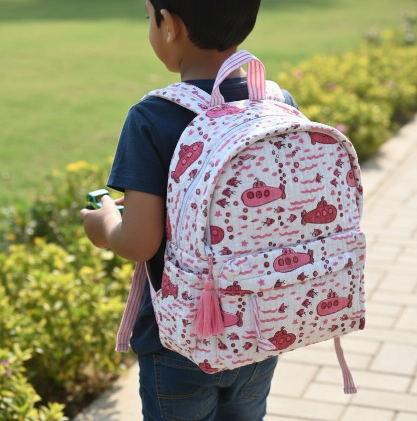 Submarine print hand block-printed cotton kids backpack – 3/4 studio angle