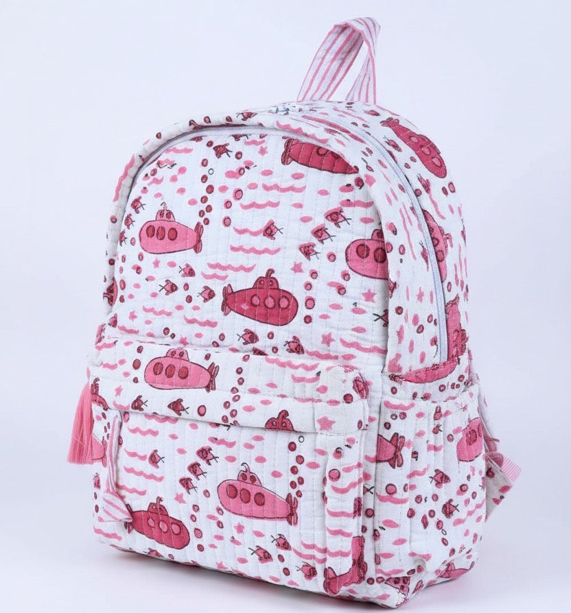 Submarine print hand block-printed cotton kids backpack – flat front, studio