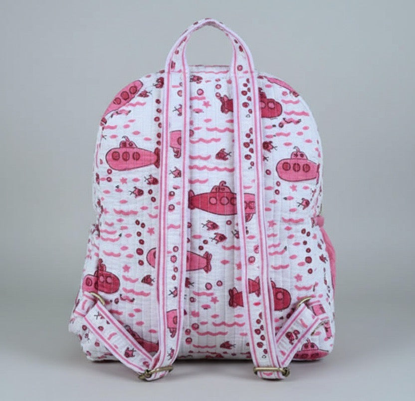 Submarine print hand block-printed cotton kids backpack – additional angle