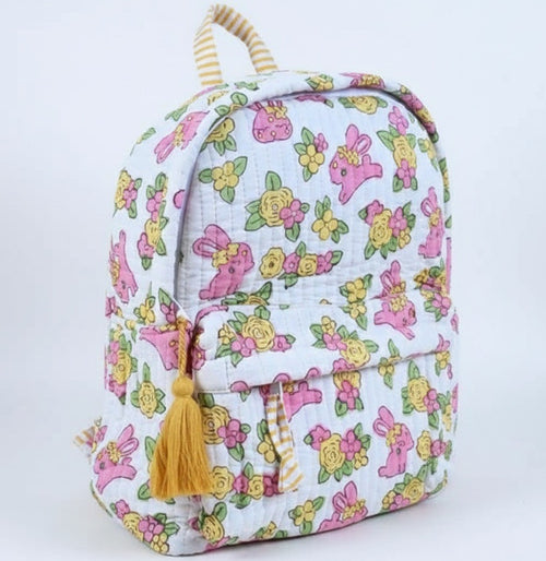 Bunny Floral print hand block-printed cotton kids backpack – 3/4 studio angle