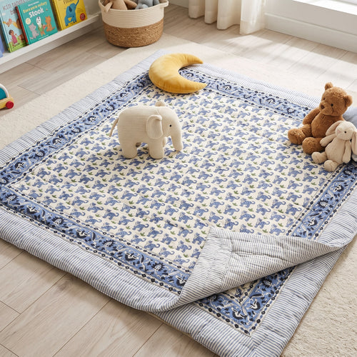 PEXX blue tiger print reversible cotton baby quilt, 100 x 100 cm — play mat floor use