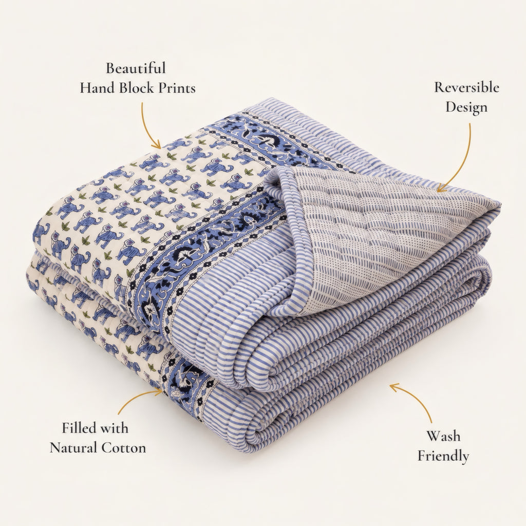 PEXX blue tiger print reversible cotton baby quilt, 100 x 100 cm — reversible and features