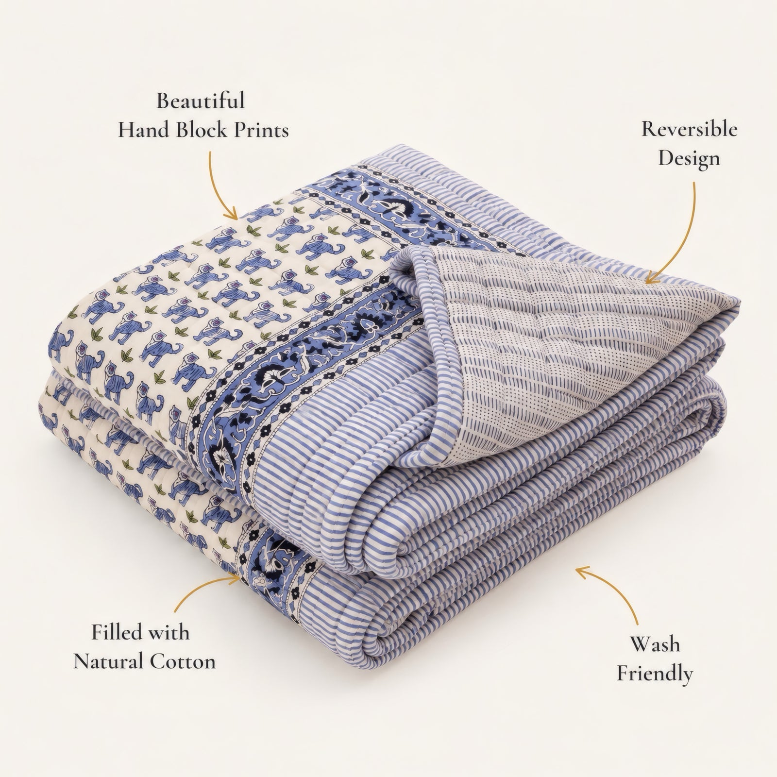 PEXX blue tiger print reversible cotton baby quilt, 100 x 100 cm — reversible and features