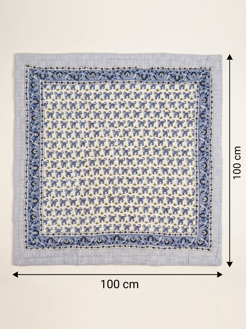 PEXX blue tiger print reversible cotton baby quilt, 100 x 100 cm — size guide 100x100