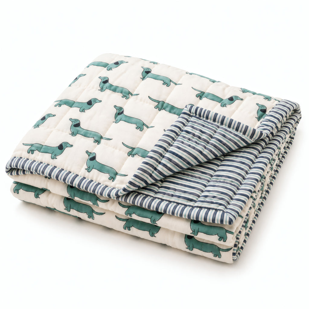 PEXX green dachshund print reversible cotton baby quilt, 100 x 100 cm — folded quilt
