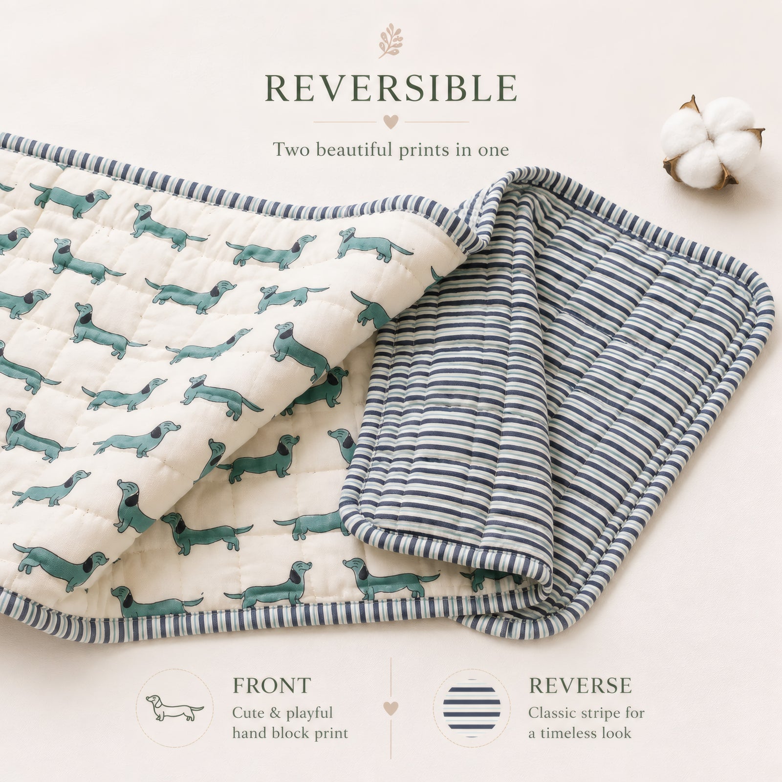PEXX green dachshund print reversible cotton baby quilt, 100 x 100 cm — reversible design