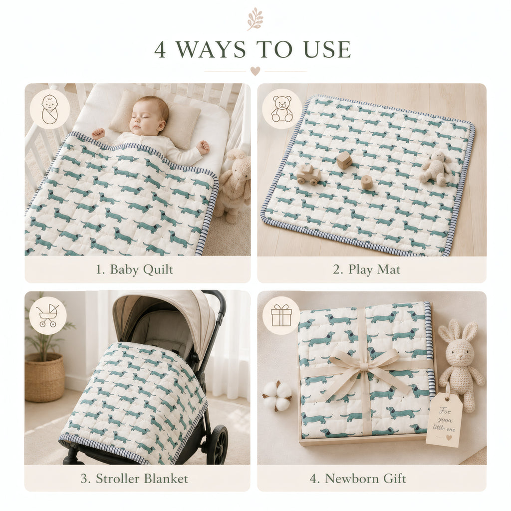 PEXX green dachshund print reversible cotton baby quilt, 100 x 100 cm — four ways to use