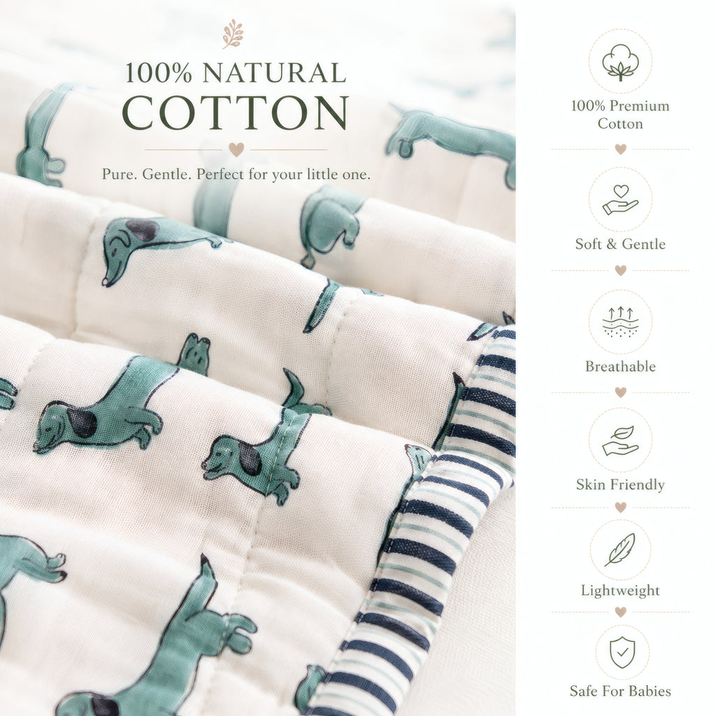 PEXX green dachshund print reversible cotton baby quilt, 100 x 100 cm — cotton material detail