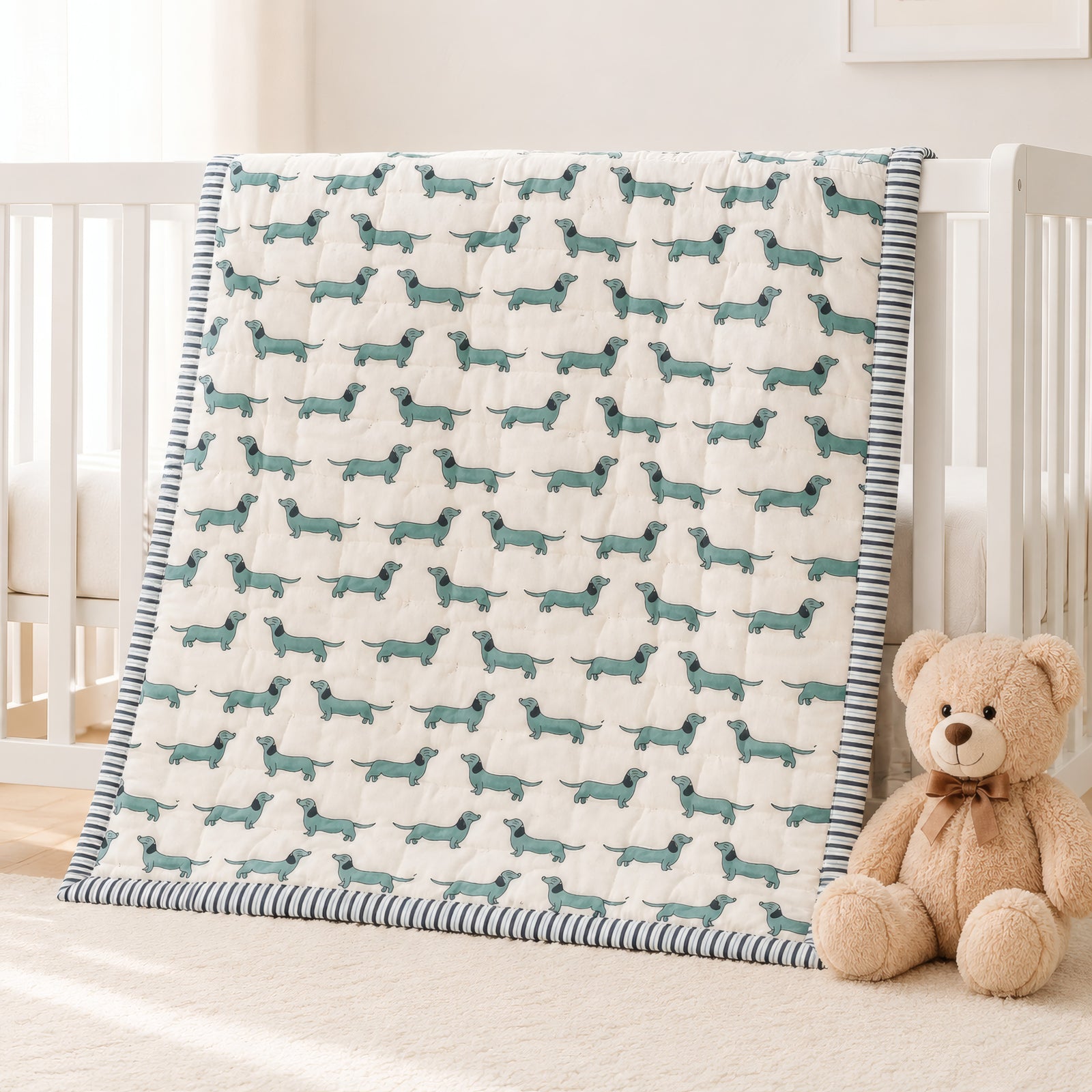 PEXX green dachshund print reversible cotton baby quilt, 100 x 100 cm — hero full quilt