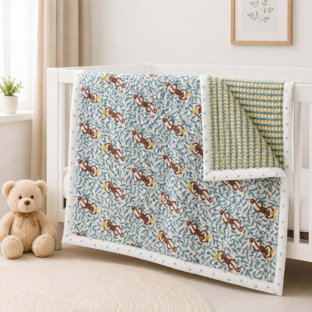 PEXX monkey print reversible cotton baby quilt, 100 x 100 cm — nursery display