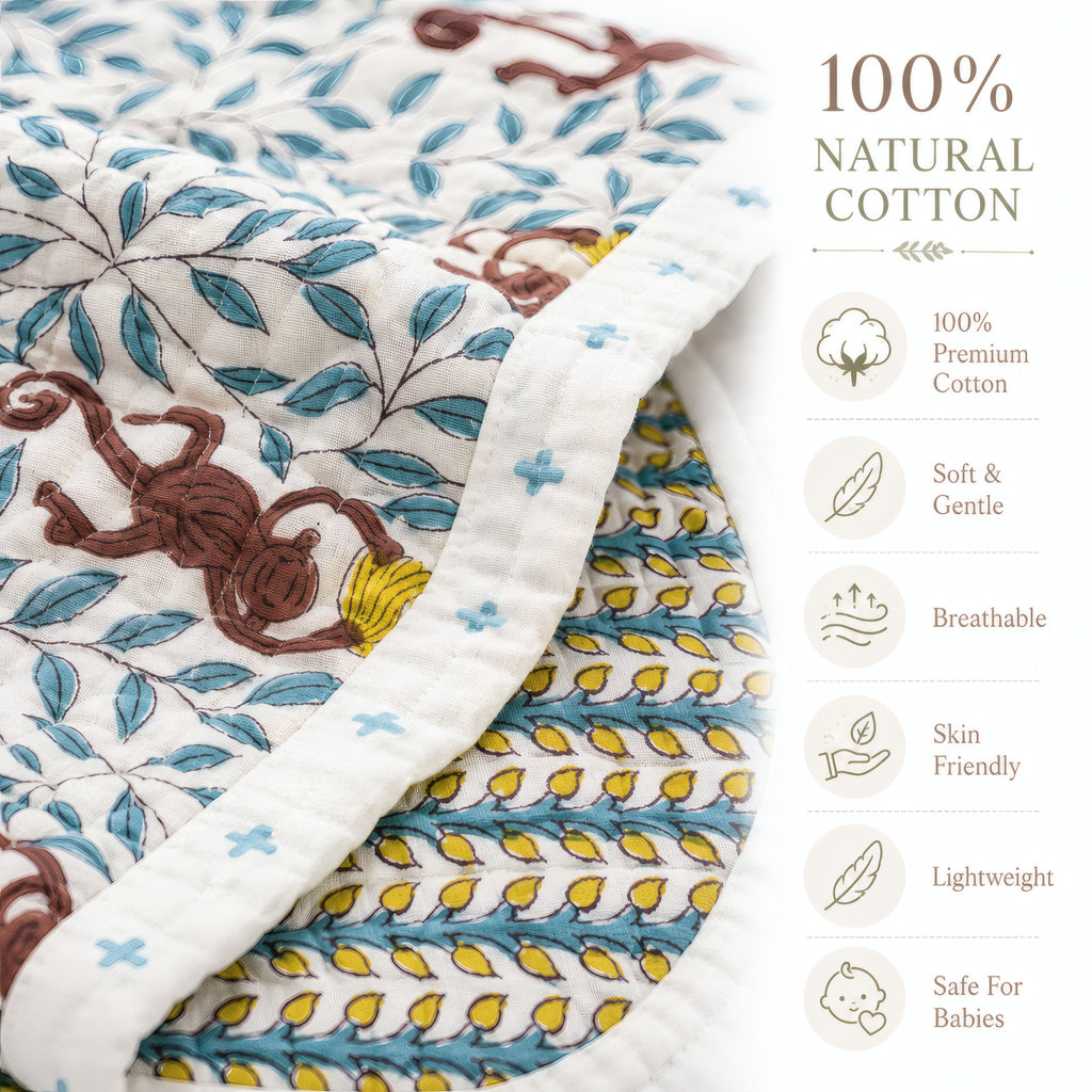 PEXX monkey print reversible cotton baby quilt, 100 x 100 cm — cotton material detail