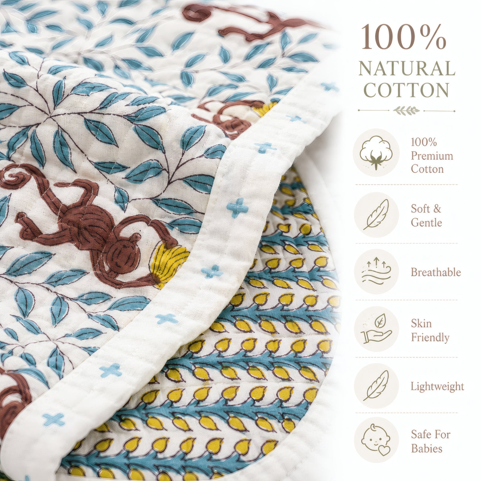 PEXX monkey print reversible cotton baby quilt, 100 x 100 cm — cotton material detail