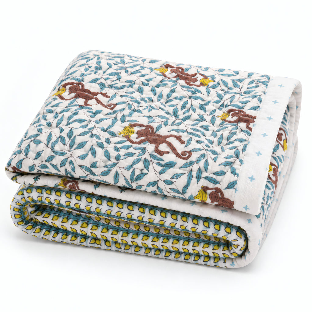 PEXX monkey print reversible cotton baby quilt, 100 x 100 cm — folded quilt