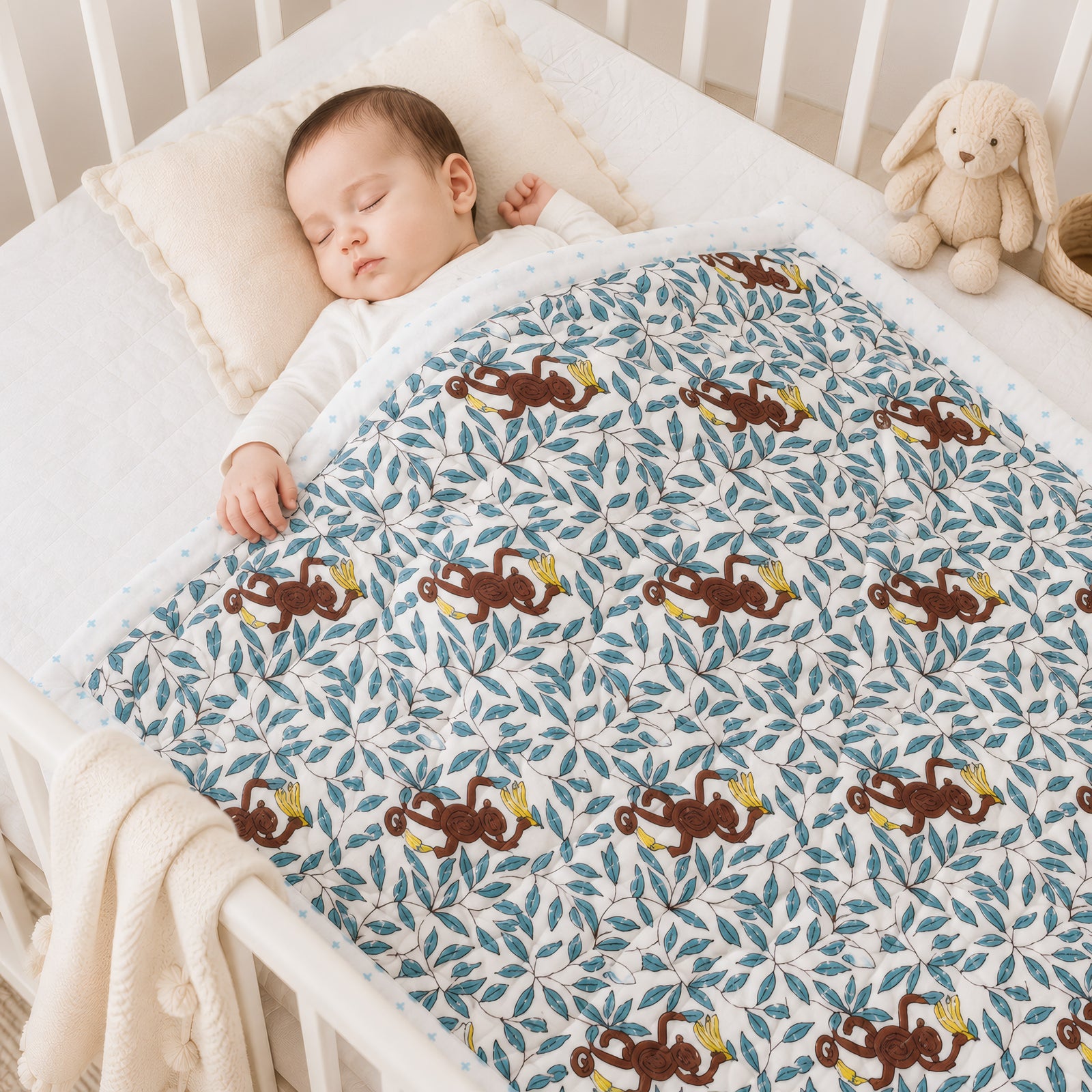 PEXX monkey print reversible cotton baby quilt, 100 x 100 cm — baby nap lifestyle