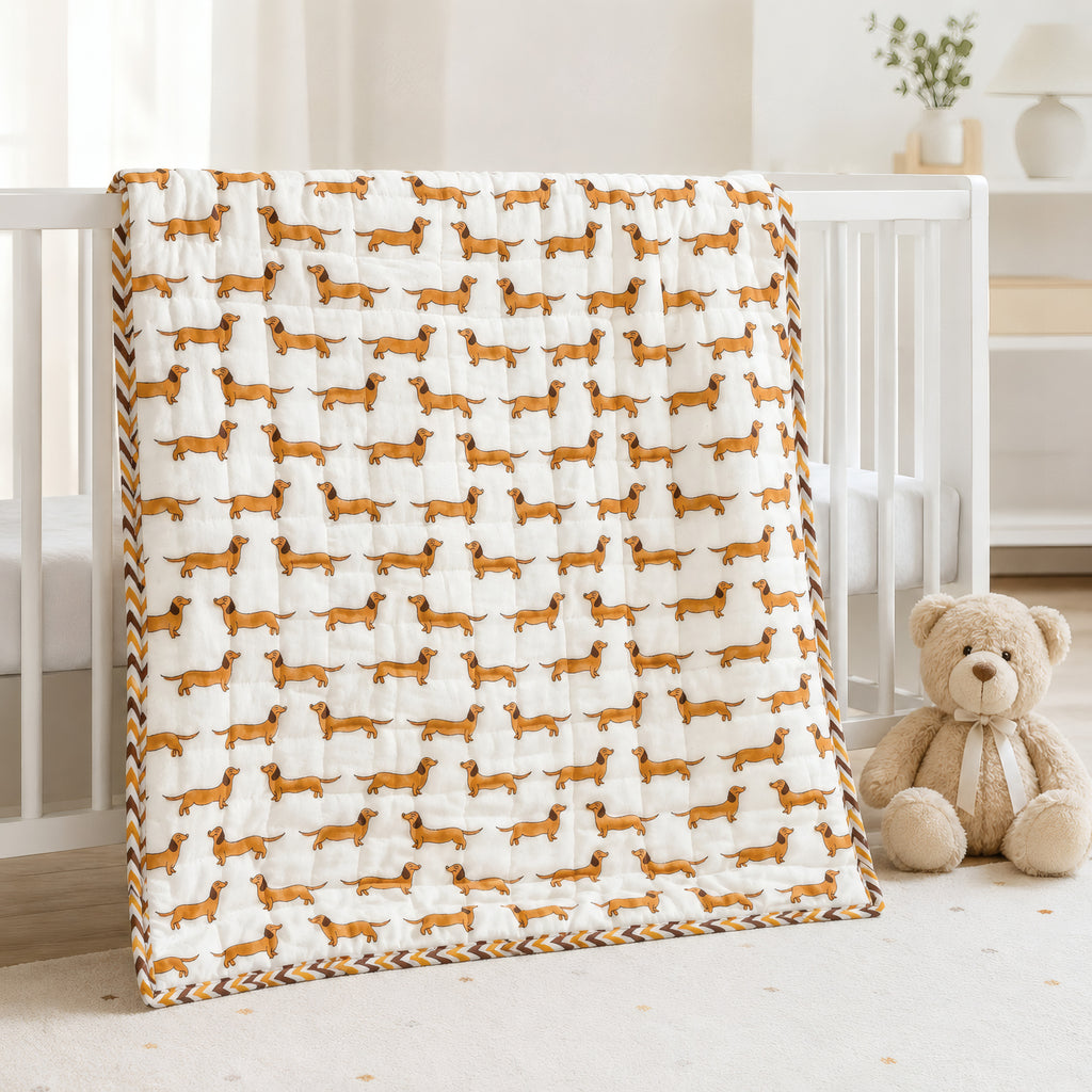 PEXX orange dachshund print reversible cotton baby quilt, 100 x 100 cm — nursery display