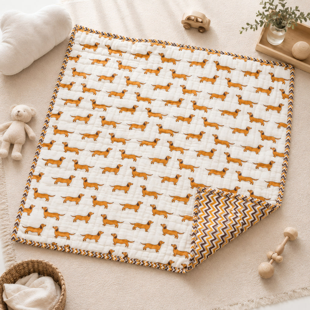 PEXX orange dachshund print reversible cotton baby quilt, 100 x 100 cm — hero full quilt