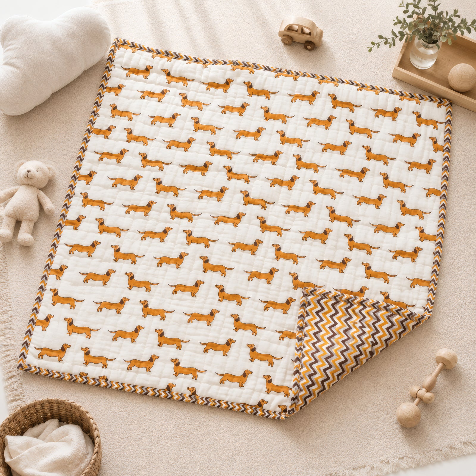 PEXX orange dachshund print reversible cotton baby quilt, 100 x 100 cm — hero full quilt