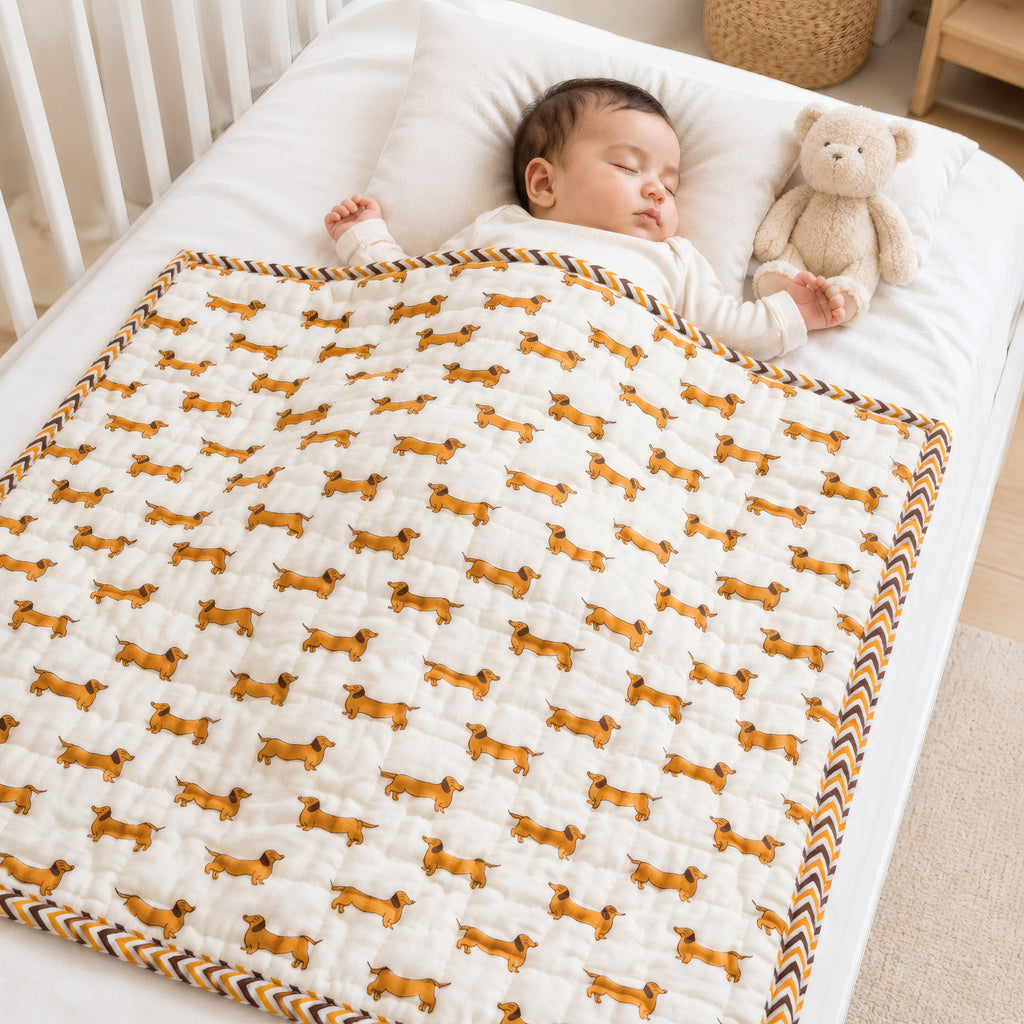 PEXX orange dachshund print reversible cotton baby quilt, 100 x 100 cm — baby nap lifestyle