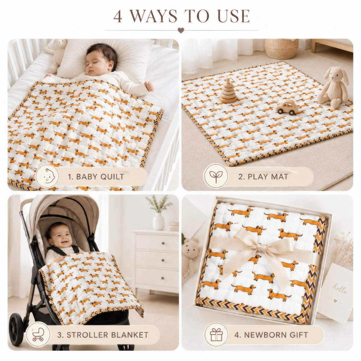 PEXX orange dachshund print reversible cotton baby quilt, 100 x 100 cm — four ways to use
