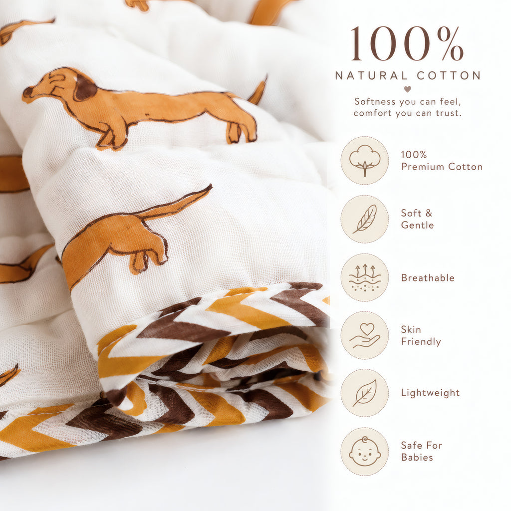 PEXX orange dachshund print reversible cotton baby quilt, 100 x 100 cm — cotton material detail