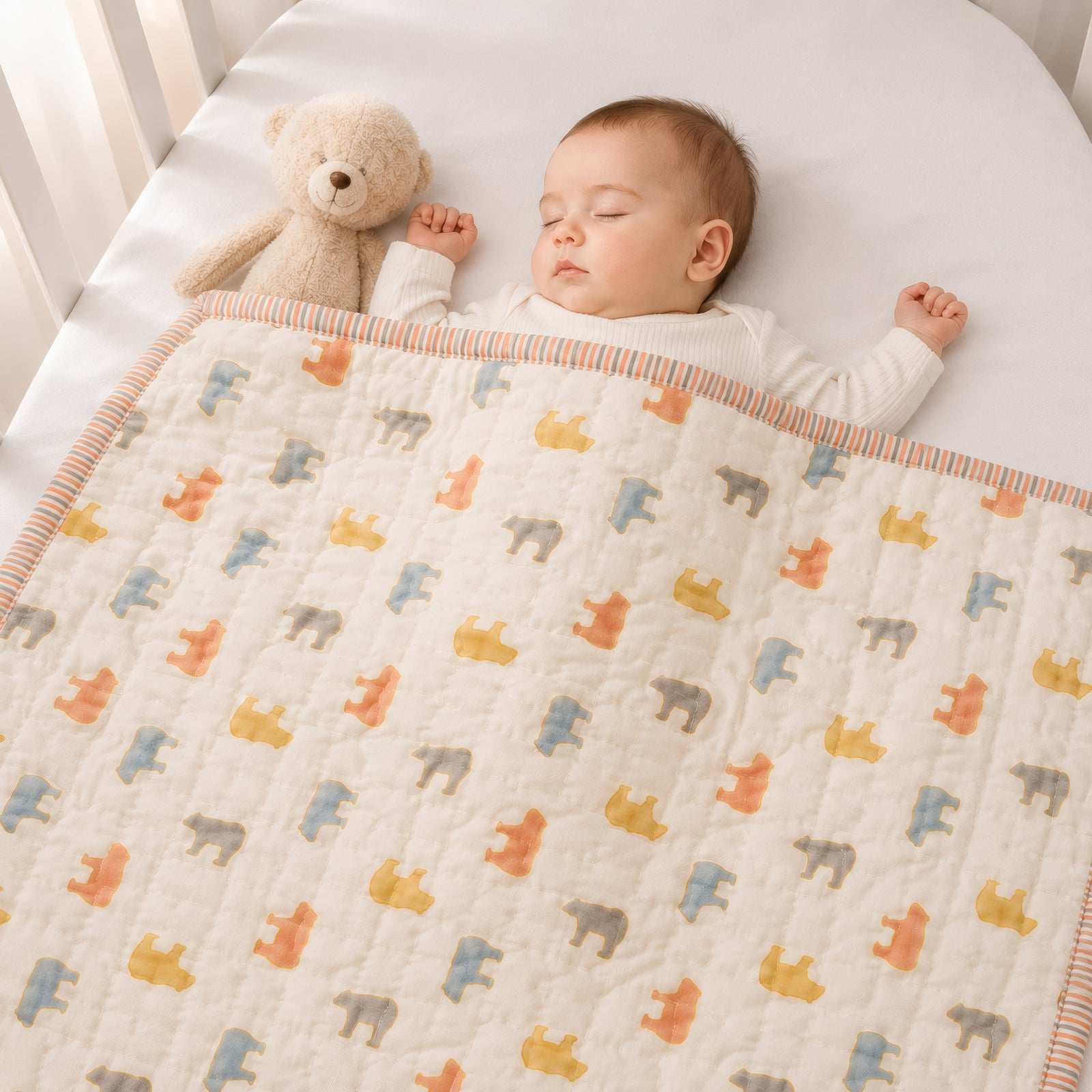 PEXX bear print reversible cotton baby quilt, 100 x 100 cm — baby nap lifestyle